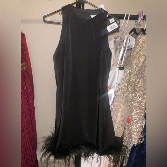 Mac Duggal 55805 NWT FEATHERED HEM HIGH NECK SLEEVELESS A LINE DRESS - Picture 3 of 6